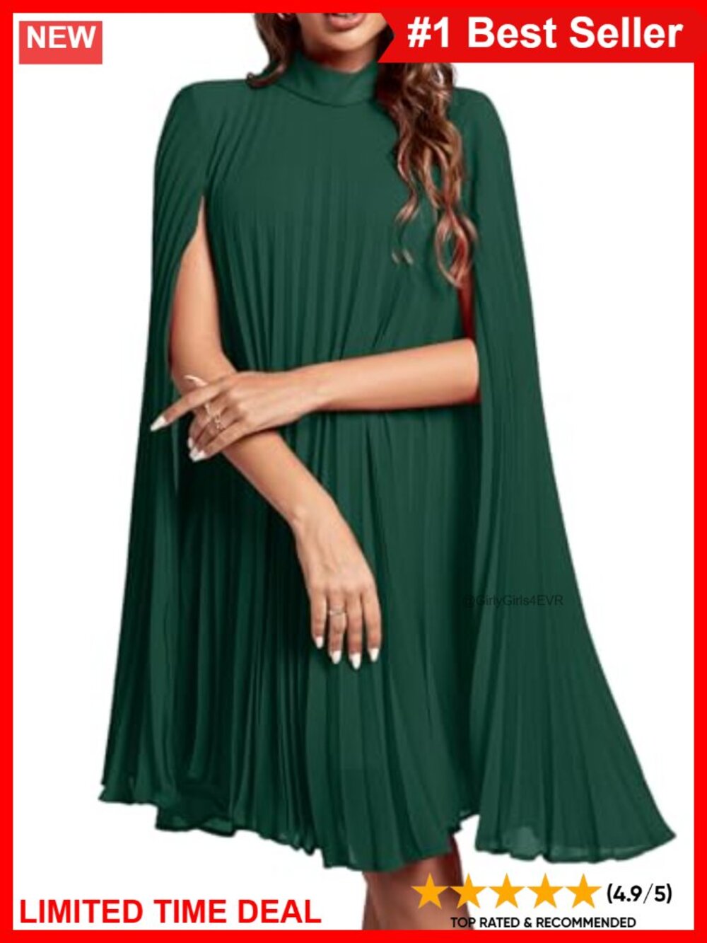 Women's Mock Neck Midi Dress Cloak Sleeve Pleated Party Cocktail